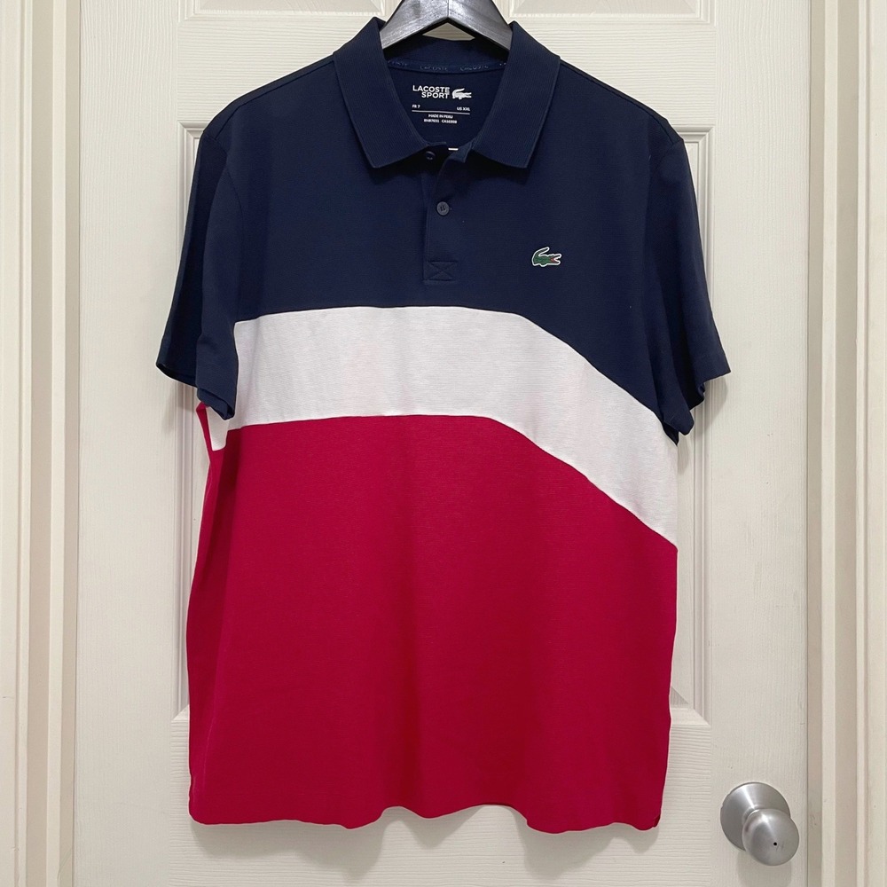 Lacoste Sport Colorblock Polo Shirt Red White‎ Blue Cotton US XXL Preppy Tennis